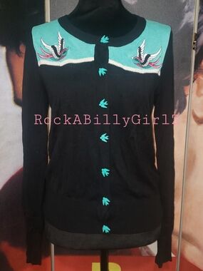 Too Fast Blue & Pink Embroidered Swallows Cardigan Sweater w Blue Bird Buttons